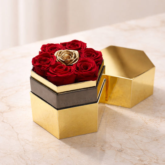 One in a Millionโข Mirror Gold Hexagon Box | Red & Gold Roses