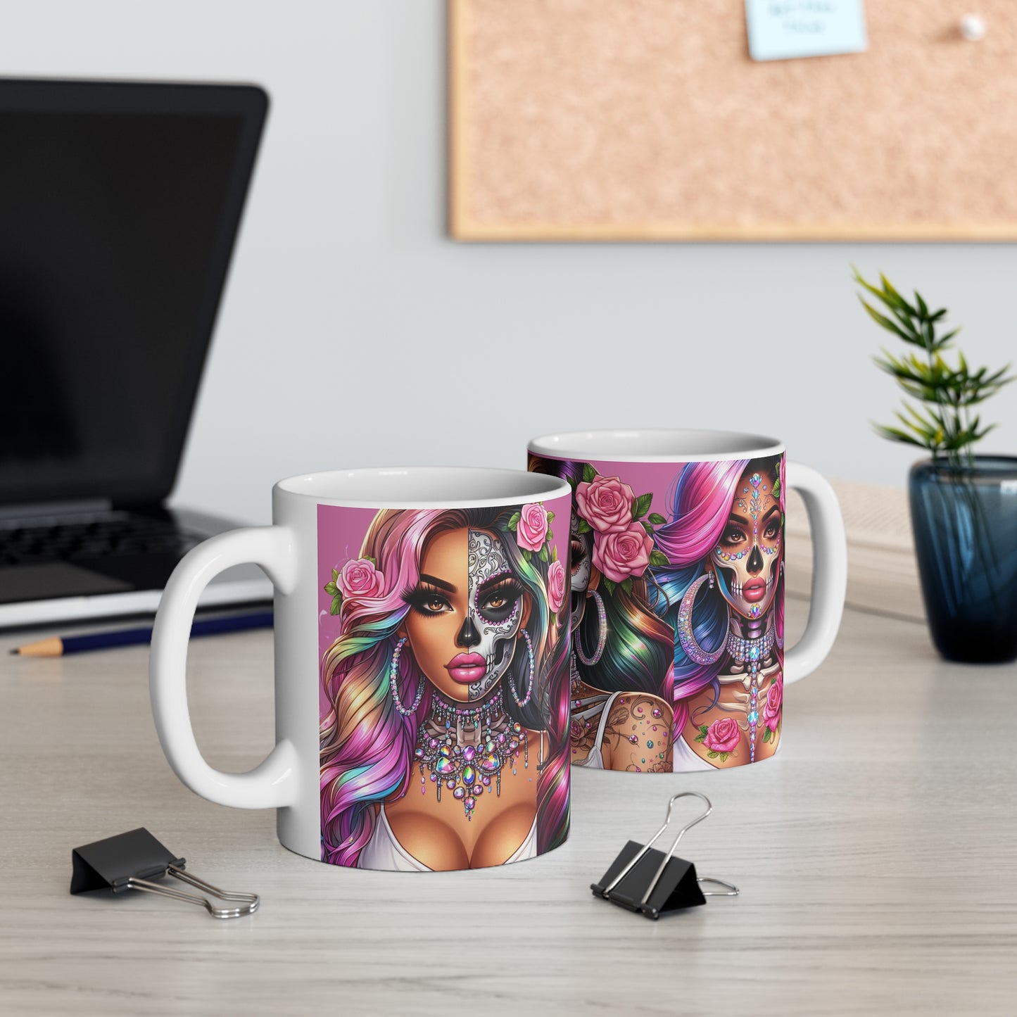 🎨 Dia De Las Glam Queens – Rainbow-Haired Chicana Mug (11oz)