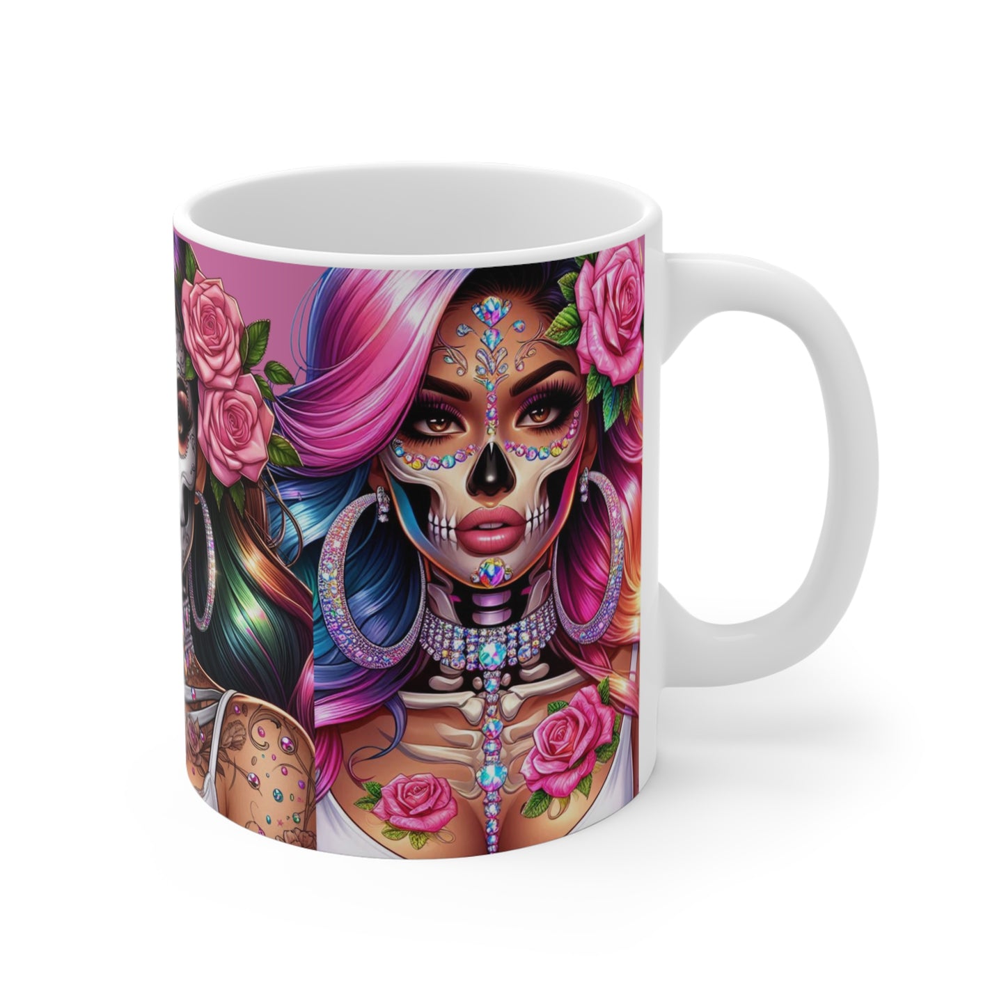 🎨 Dia De Las Glam Queens – Rainbow-Haired Chicana Mug (11oz)