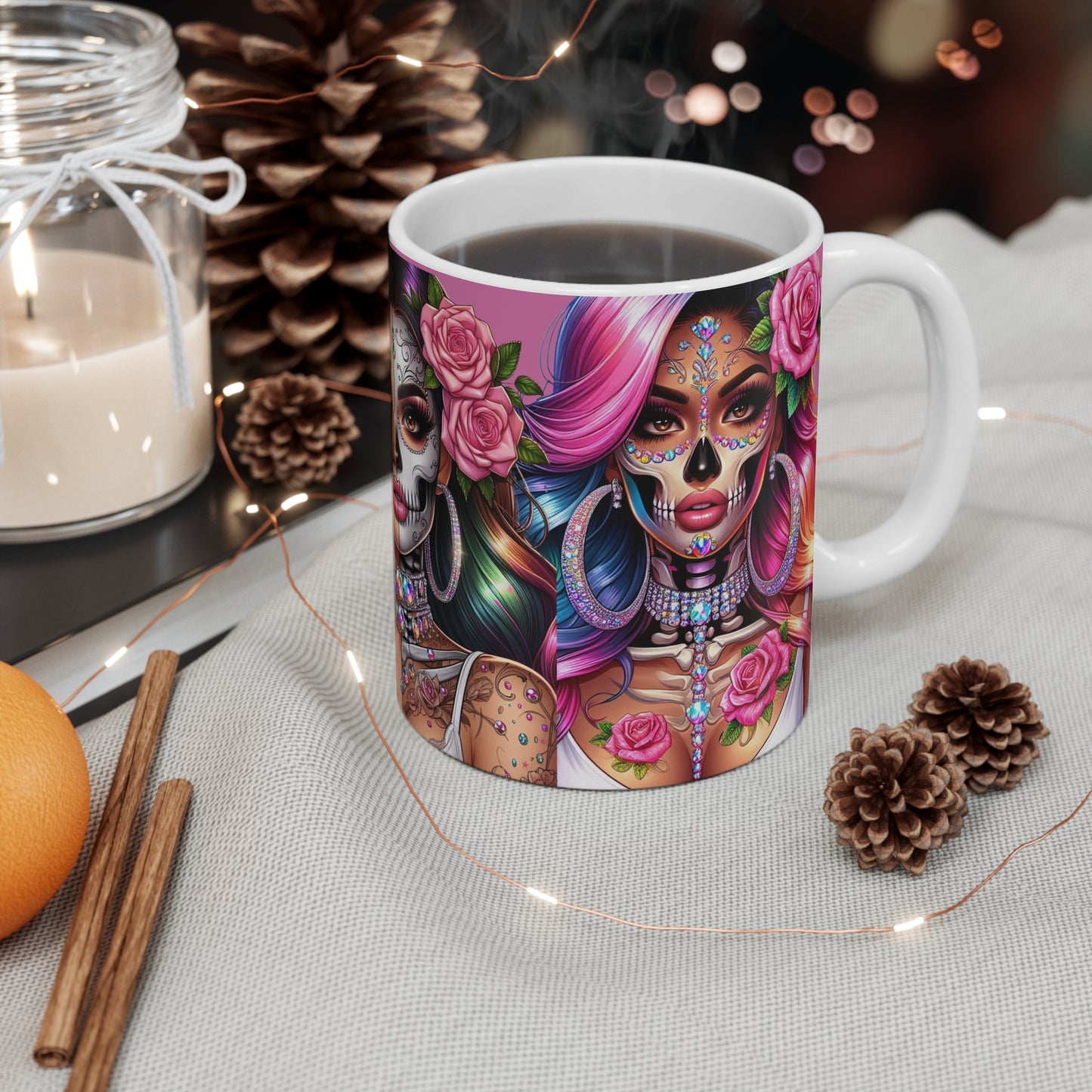🎨 Dia De Las Glam Queens – Rainbow-Haired Chicana Mug (11oz)