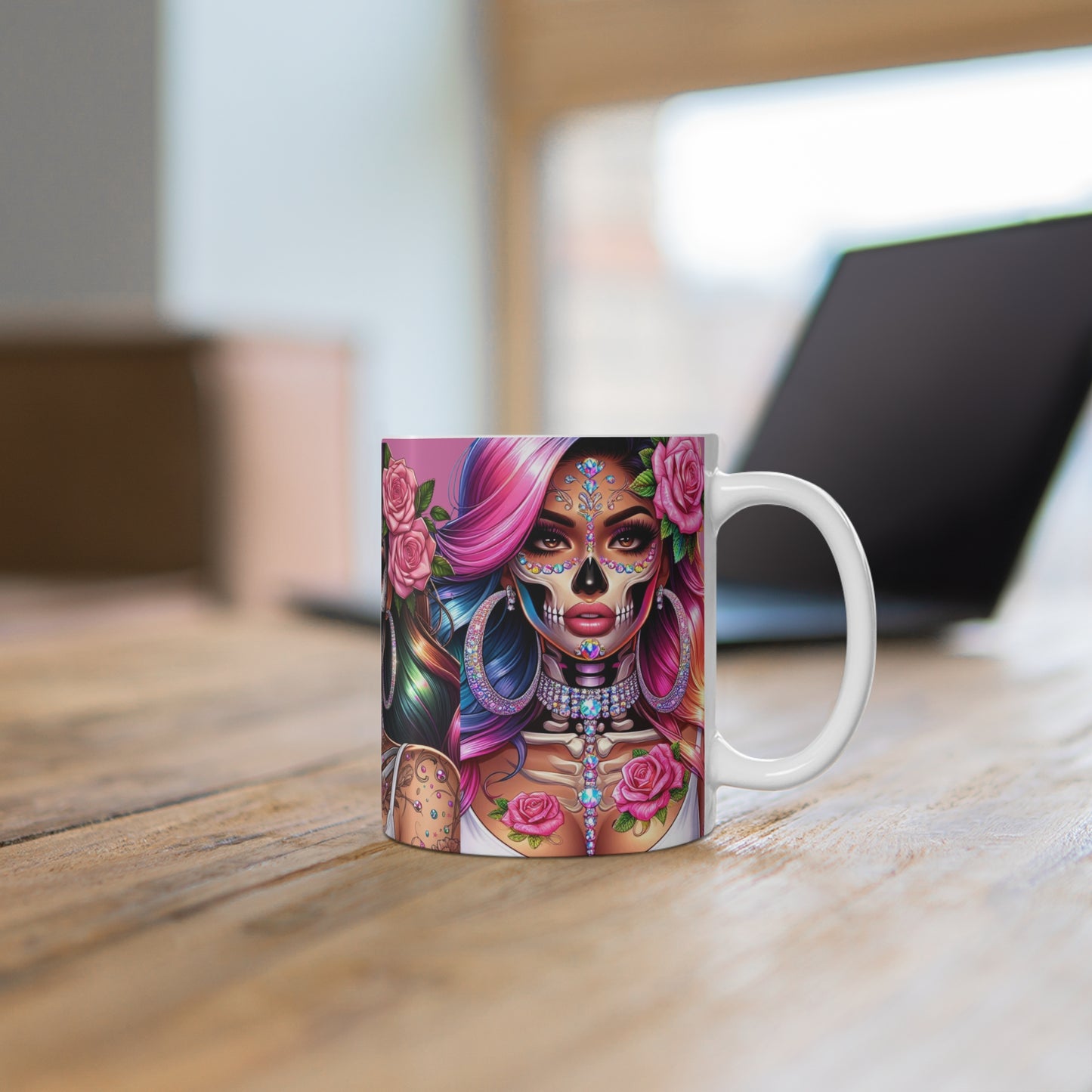🎨 Dia De Las Glam Queens – Rainbow-Haired Chicana Mug (11oz)