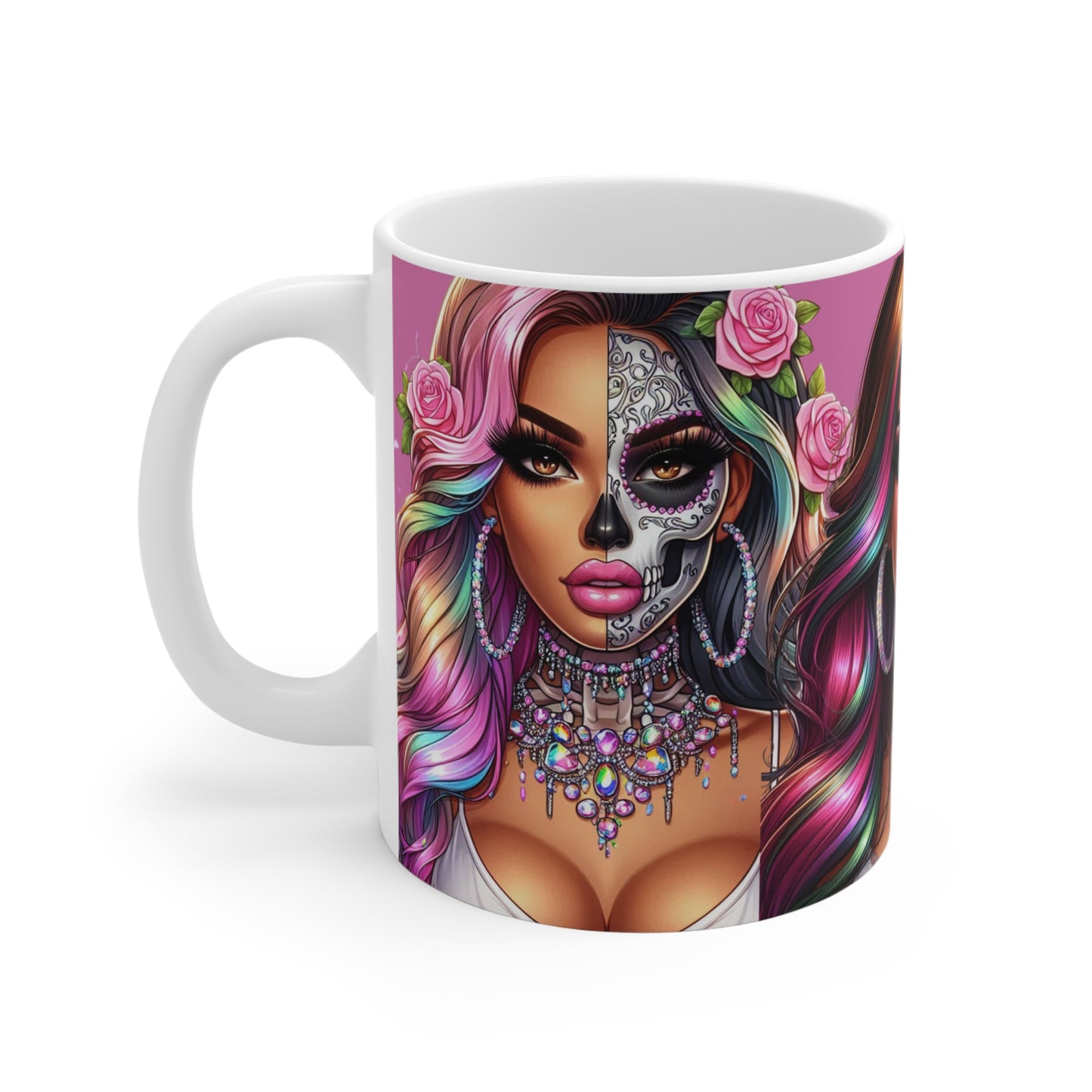 🎨 Dia De Las Glam Queens – Rainbow-Haired Chicana Mug (11oz)