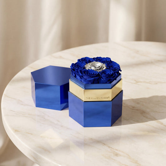 One in a Millionโข Mirror Blue Hexagon Box | Dark Blue & Silver Roses