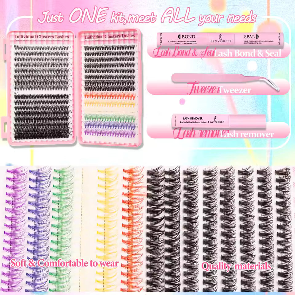 👁️ DIY Lash Extension Kit – 600pc Cluster Lashes (Natural Black + Rainbow Color Mix)