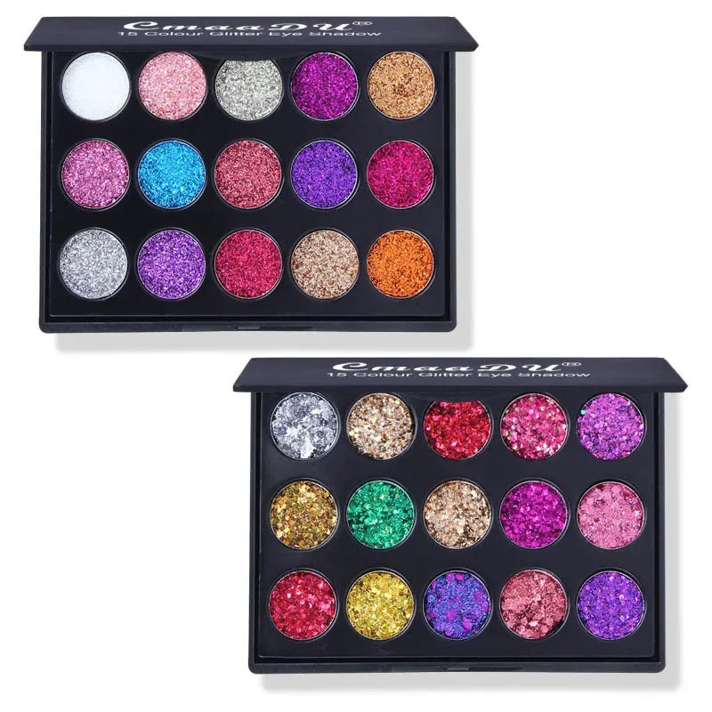 🪩 15-Color Glitter Eyeshadow Palette – Diamond Sparkle Finish