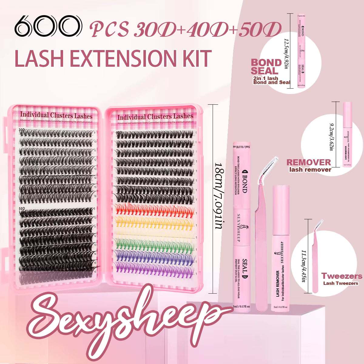 👁️ DIY Lash Extension Kit – 600pc Cluster Lashes (Natural Black + Rainbow Color Mix)