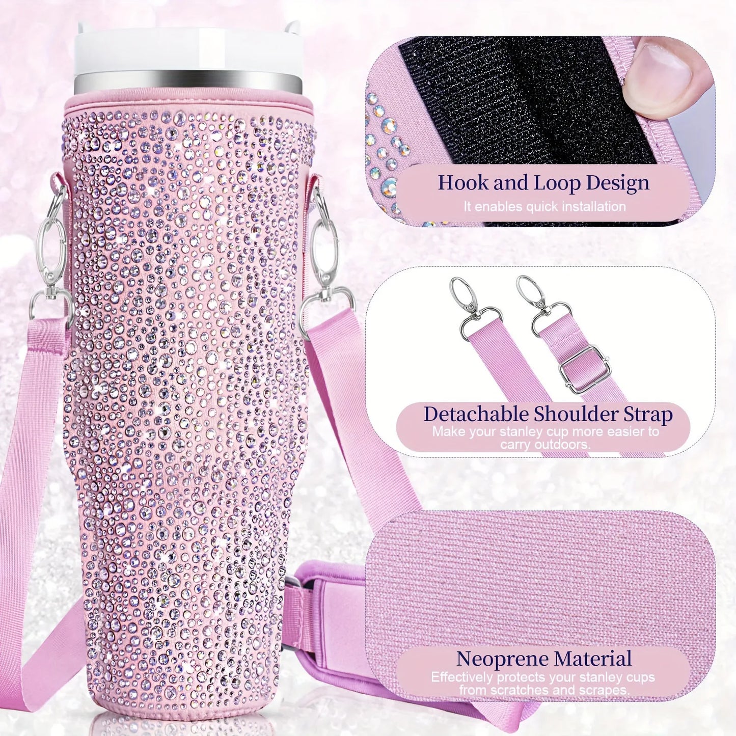 Shiny Rhinestone Lanyard Cup Protection Case - Compatible for Stanley 40oz