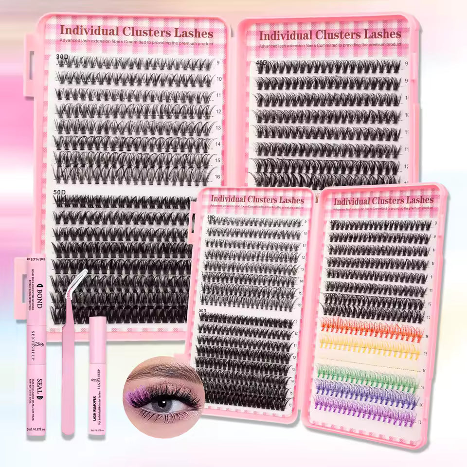 👁️ DIY Lash Extension Kit – 600pc Cluster Lashes (Natural Black + Rainbow Color Mix)