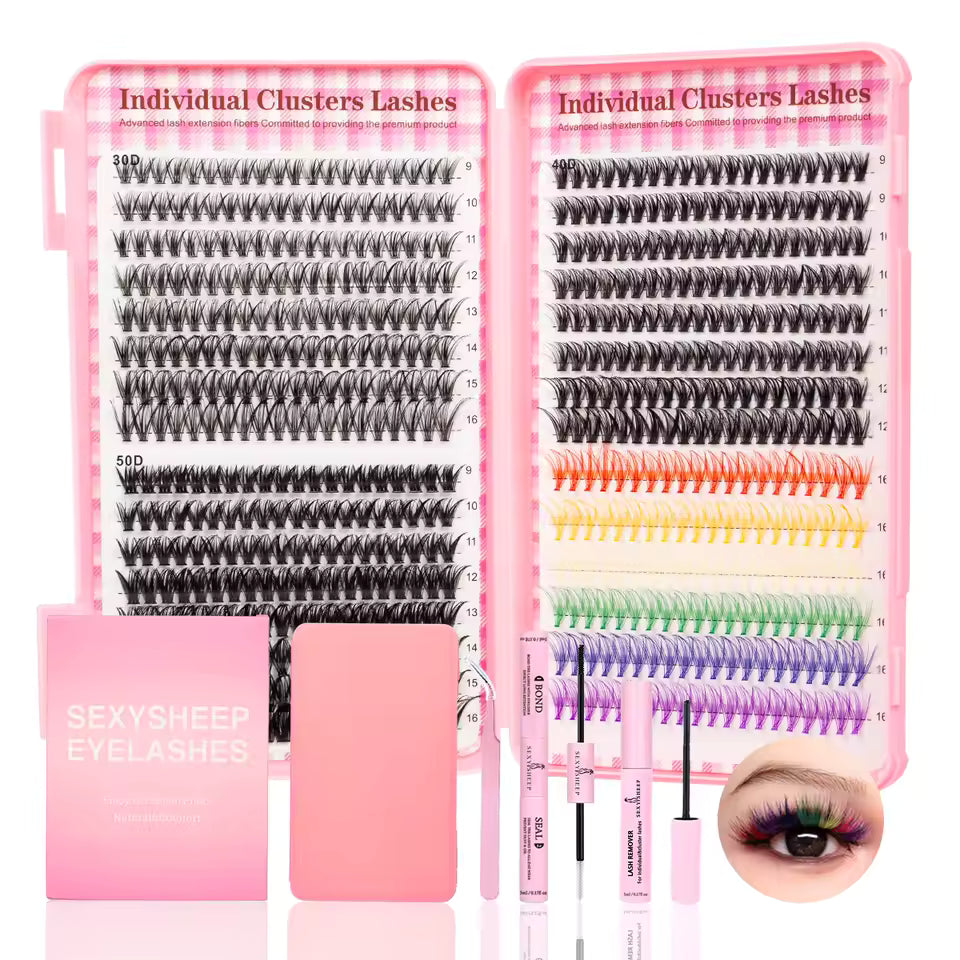 👁️ DIY Lash Extension Kit – 600pc Cluster Lashes (Natural Black + Rainbow Color Mix)