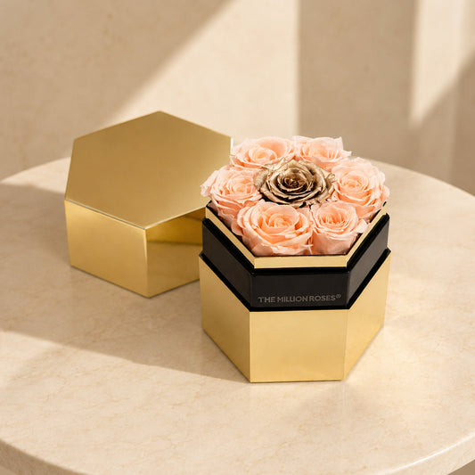 One in a Millionโข Mirror Gold Hexagon Box | Peach & Gold Roses