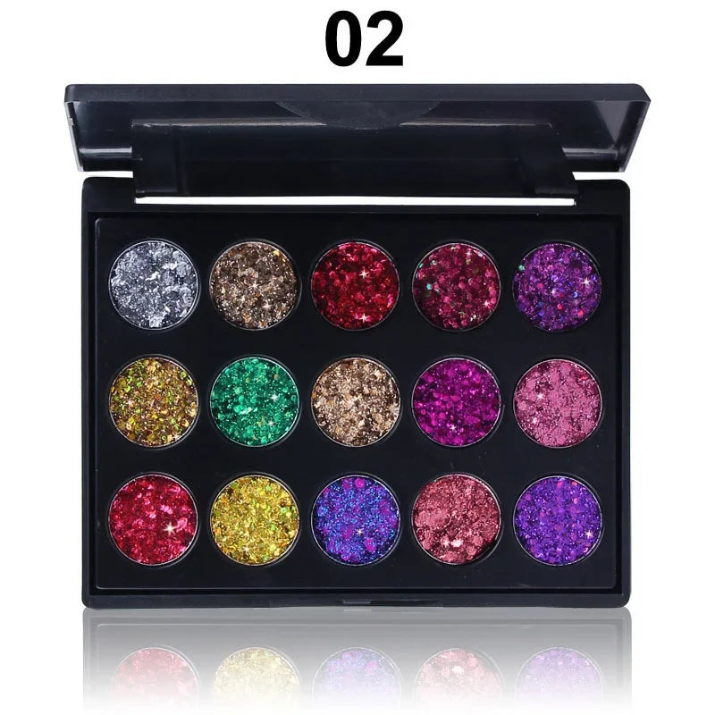 🪩 15-Color Glitter Eyeshadow Palette – Diamond Sparkle Finish
