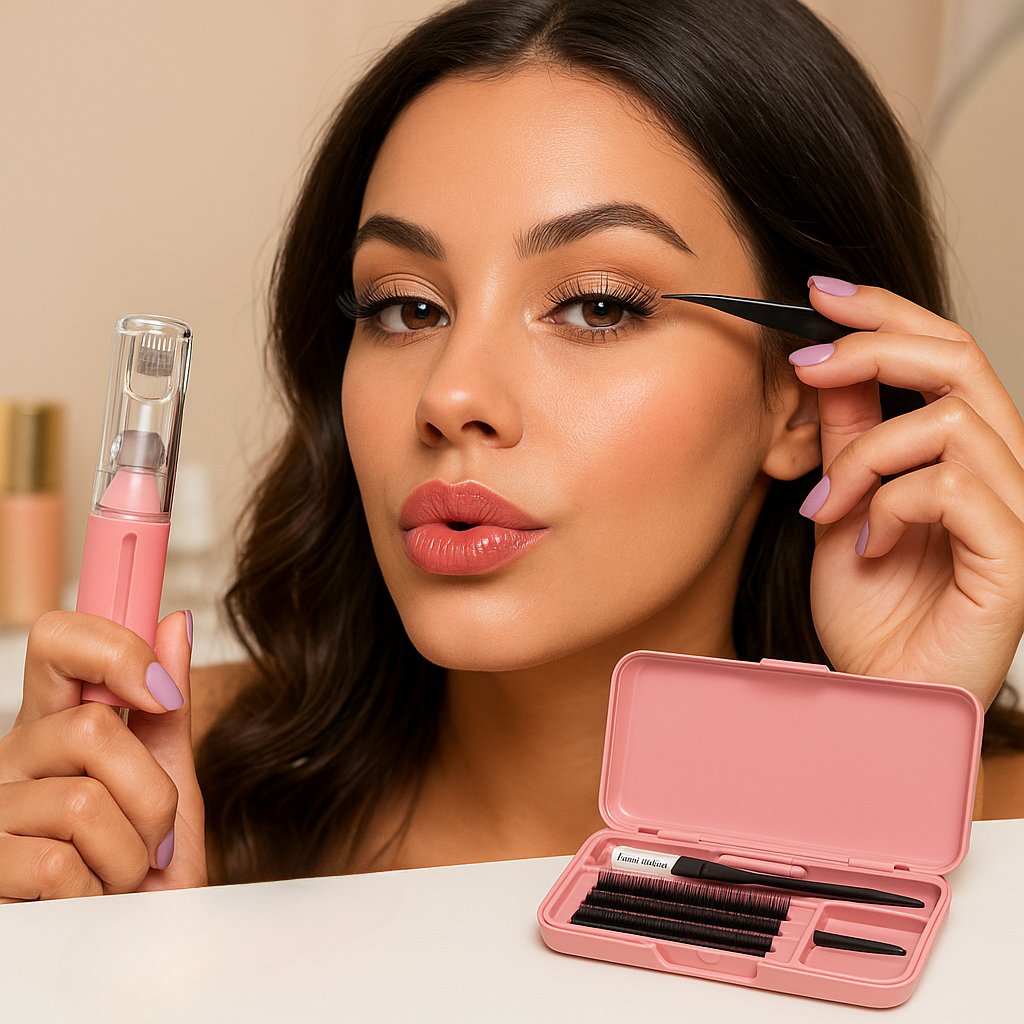 At-home glow-up beauty tools including microneedling lip roller, Korean skincare, and LED lip mask