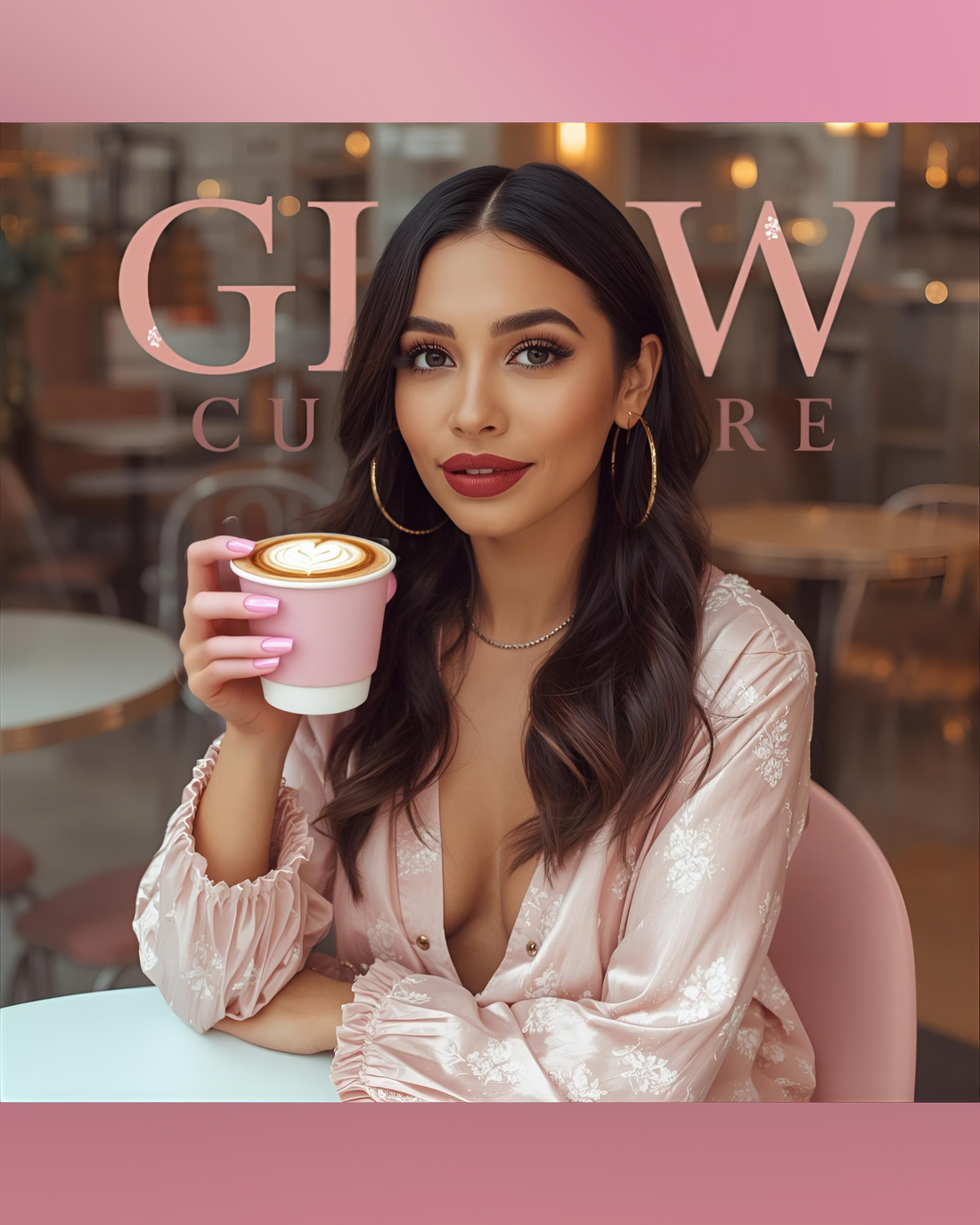 Latina woman with coffee embodying Glow Culture beauty rituals at Kiss Me Vegas