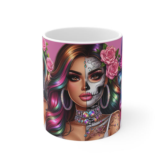 🎨 Dia De Las Glam Queens – Rainbow-Haired Chicana Mug (11oz)