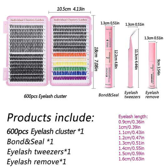 👁️ DIY Lash Extension Kit – 600pc Cluster Lashes (Natural Black + Rainbow Color Mix)