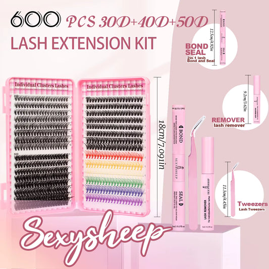 👁️ DIY Lash Extension Kit – 600pc Cluster Lashes (Natural Black + Rainbow Color Mix)