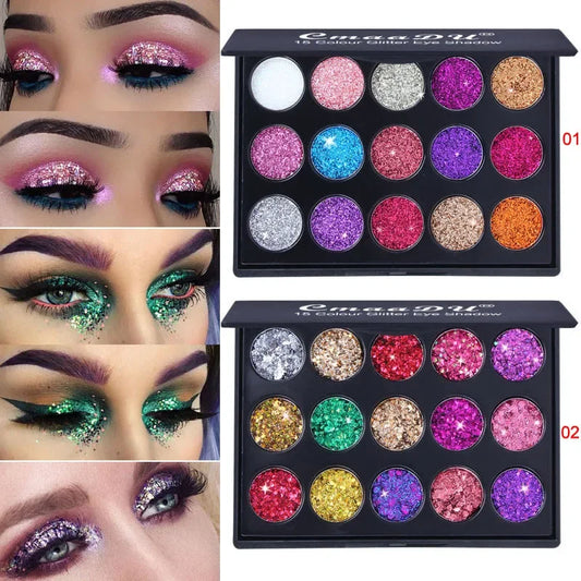 🪩 15-Color Glitter Eyeshadow Palette – Diamond Sparkle Finish