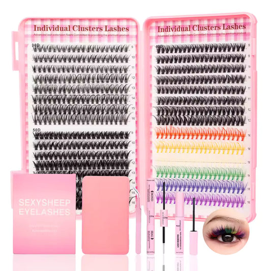 👁️ DIY Lash Extension Kit – 600pc Cluster Lashes (Natural Black + Rainbow Color Mix)