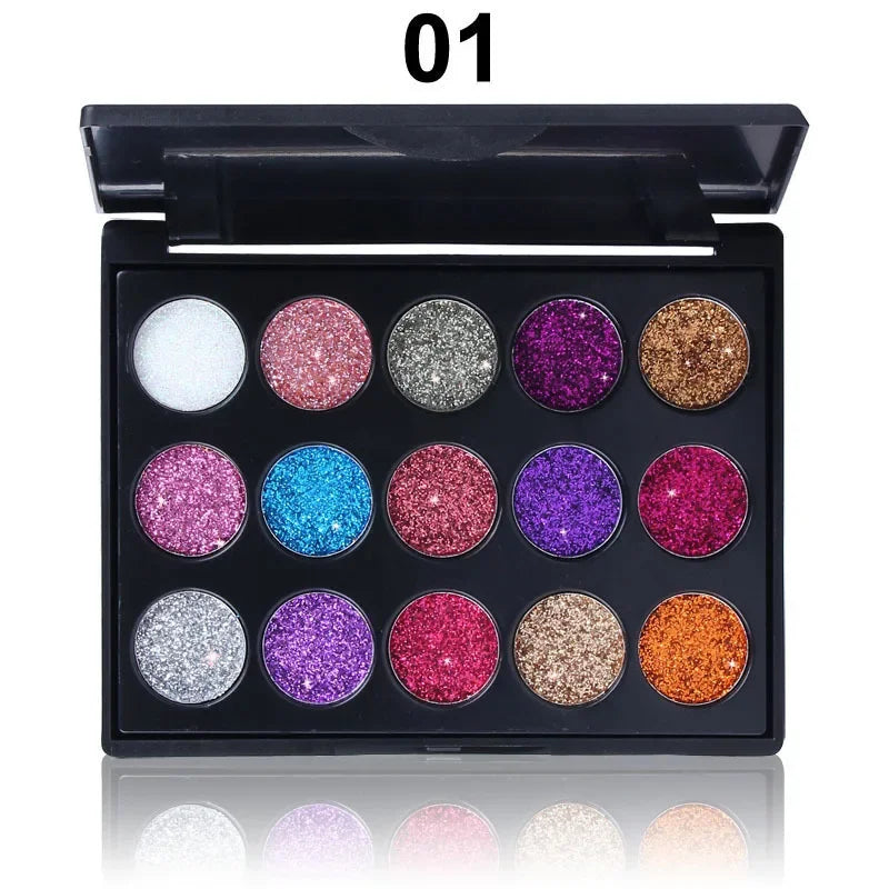 🪩 15-Color Glitter Eyeshadow Palette – Diamond Sparkle Finish