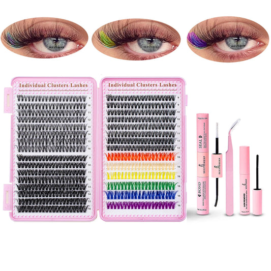 👁️ DIY Lash Extension Kit – 600pc Cluster Lashes (Natural Black + Rainbow Color Mix)